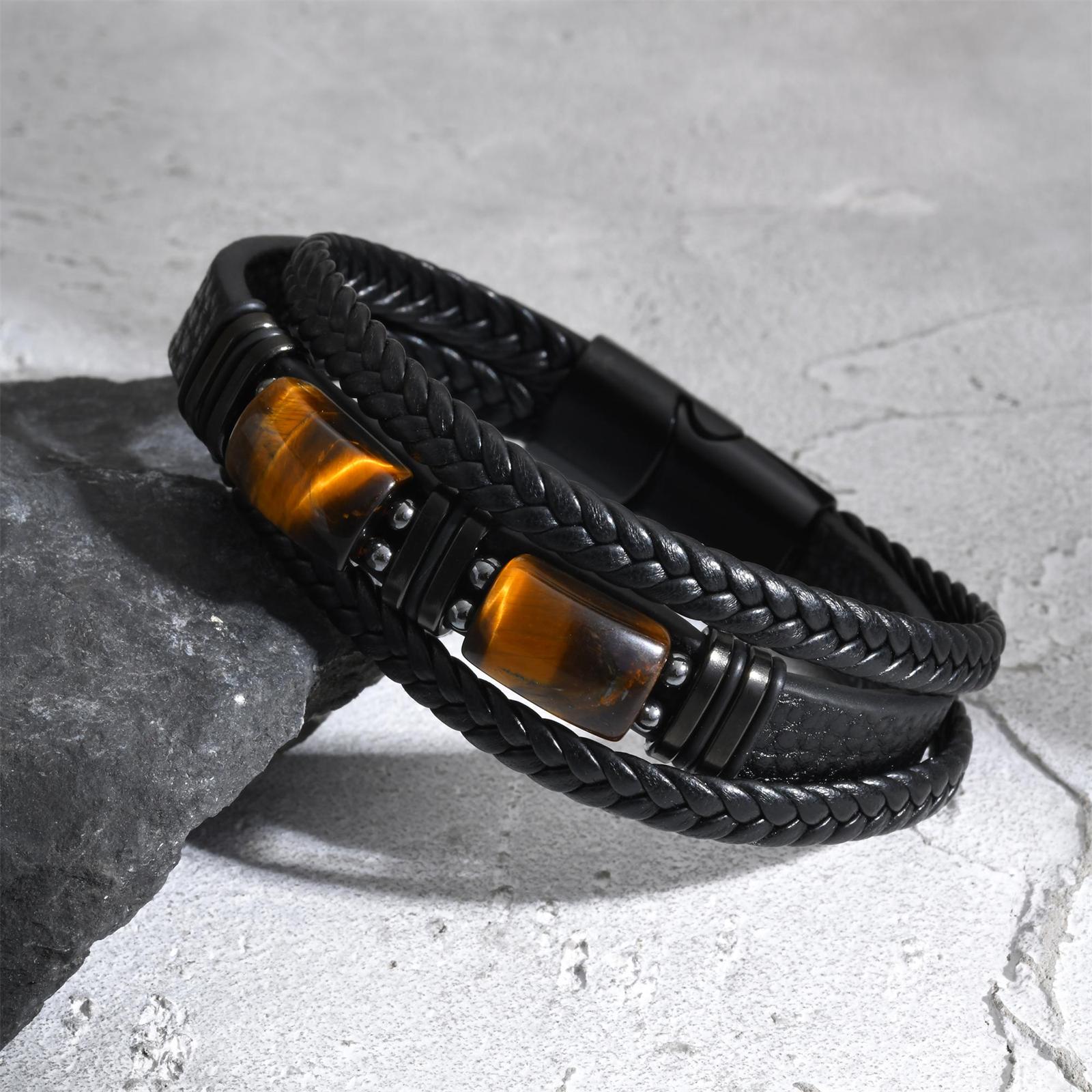 Leatherwork Logo - 남성용 땋은 가죽 팔찌 호안석 블랙