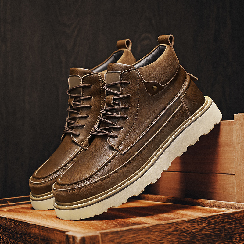 Leather Work Is - 남성용 브라운 플리스 안감 따뜻한 하이탑