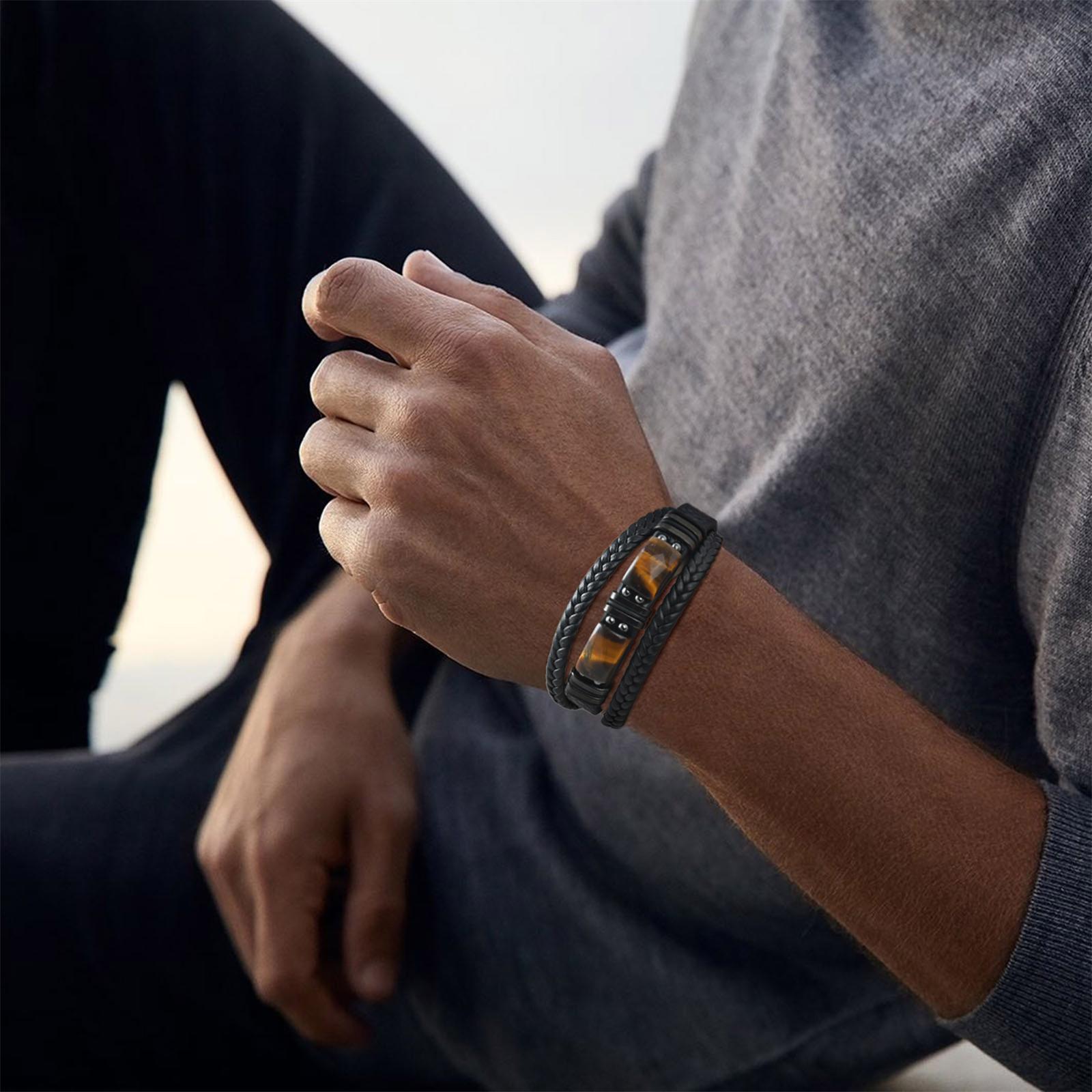 남성용 땋은 가죽 팔찌 호안석 블랙 자석 잠금장치 패션 - Leatherwork Logo 리뷰 및 가격